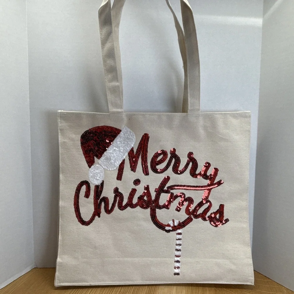 Merry Christmas Canvas Sequined Tote Bag Santa Hat Candy Cane 16